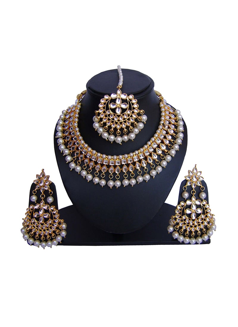 Gold N White Necklace Set Wedding Wear