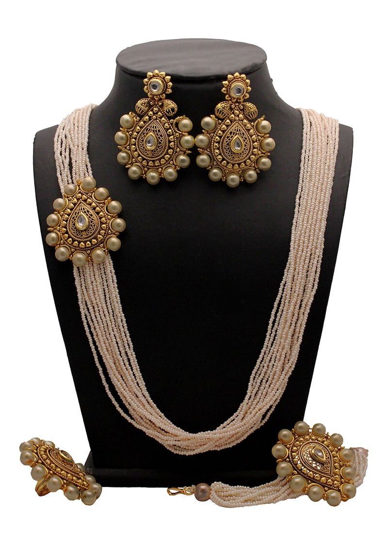 Gold N White Necklace Set Party Wear