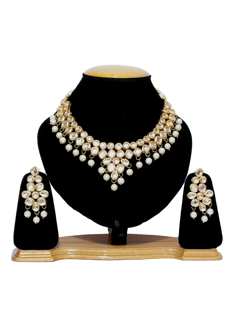 Gold N White Necklace Set Party Wear
