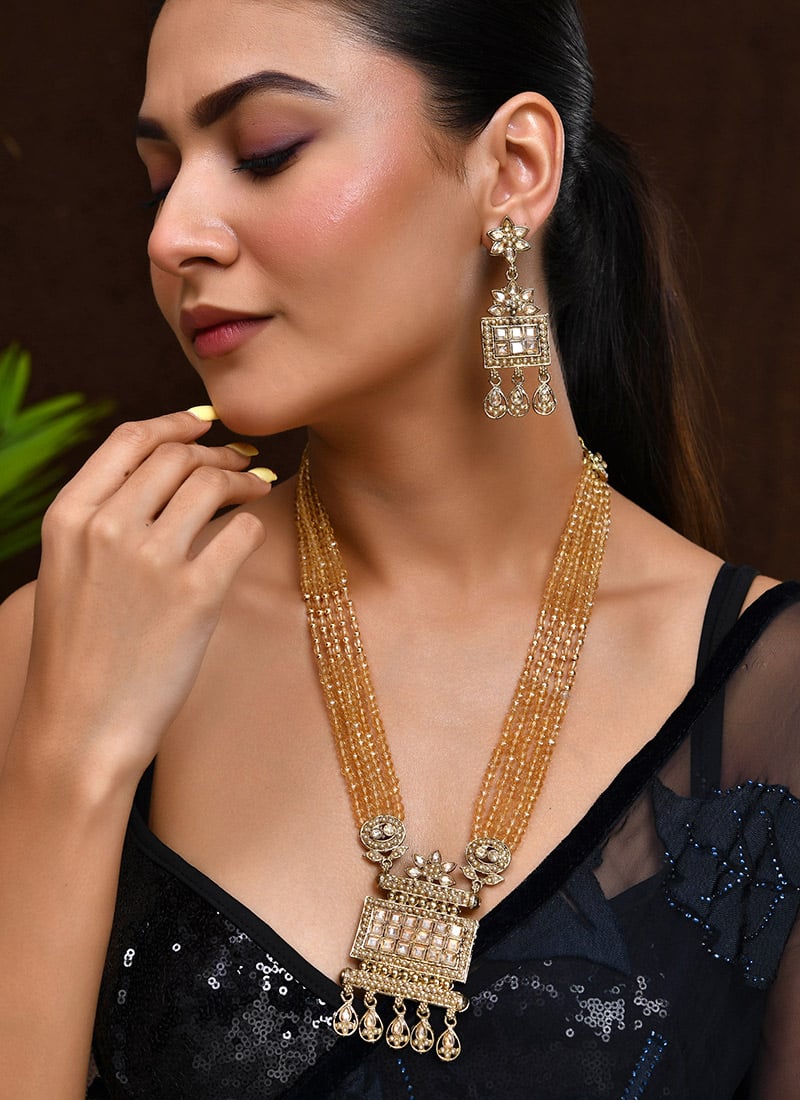 Gold Necklace With Kundan And Beads Wedding Wear