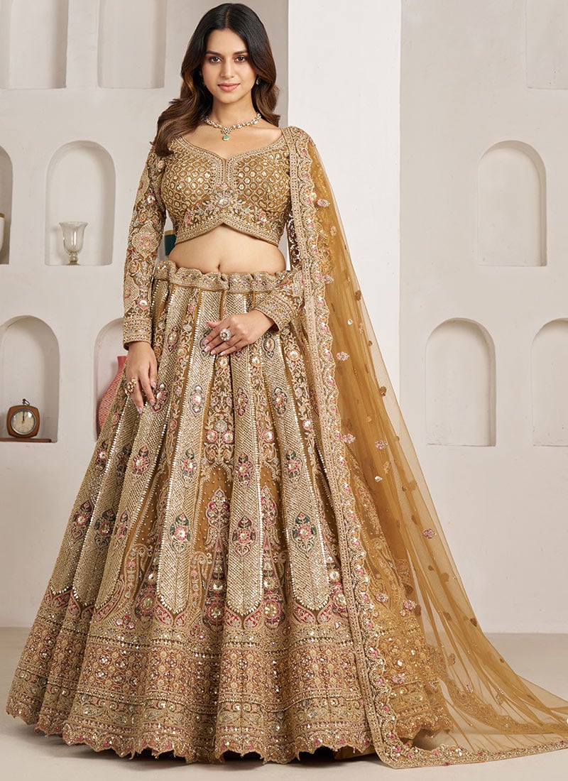 Gold Net Antique Embroidered Bridal Lehenga Wedding Wear
