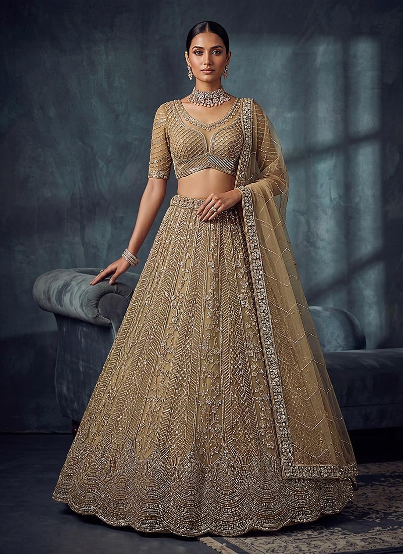 Gold Net Cutdana Embroidered Sequins Stones Lehenga Wedding Wear