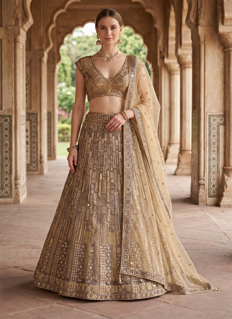 Gold Net Embroidery Sequins Lehenga Wedding Wear