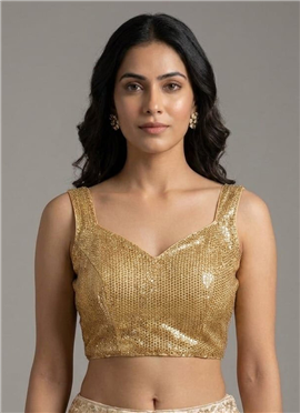 Gold Net Sequined Smocking Stretchable  Blouse
