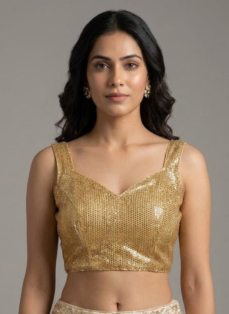 Gold Net Sequined Smocking Stretchable  Blouse Party Wear