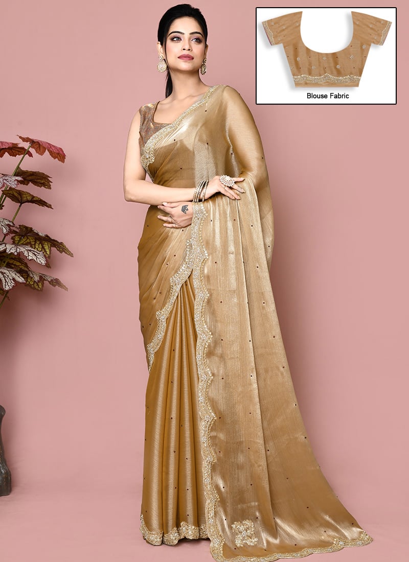 Gold Organza Hand Embroidered Saree Wedding Wear