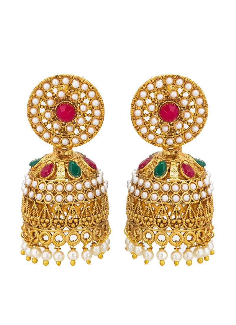 Gold Plated Beads And Stone Work Elegant Jhumka Festive Wear