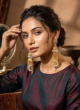 Gold Plated Enamelled Chain Tassel Jhumka Earrings