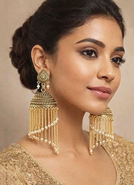 Gold Plated Enamelled Chain Tassel Jhumka Earrings