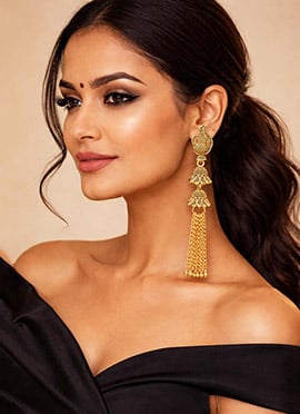 Gold Plated Enamelled Chain Tassel Jhumka Earrings