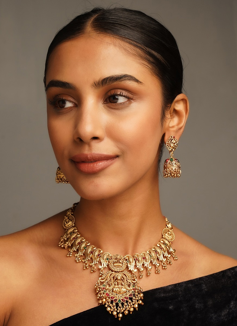 Gold Plated Kundan and Beads Lakshmi Necklace Wedding Wear