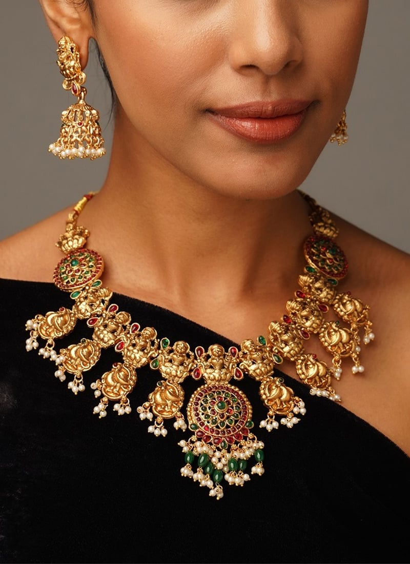 Gold Plated Kundan and Beads Lakshmi Necklace Wedding Wear