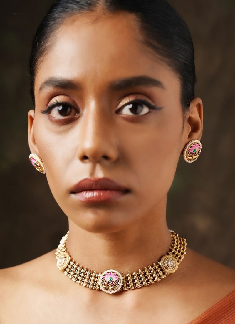 Gold Plated Kundan And Meenakari With Beads Work Choker Wedding Wear