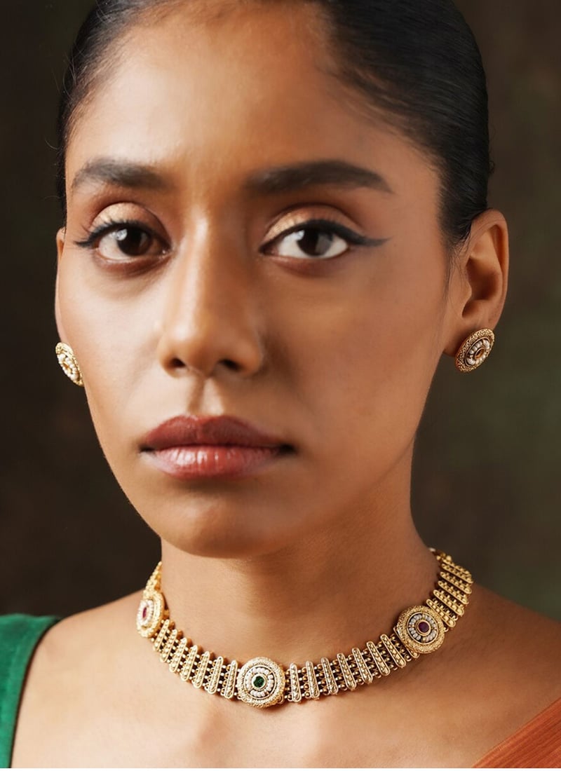 Gold Plated Kundan And Meenakari With Beads Work Choker