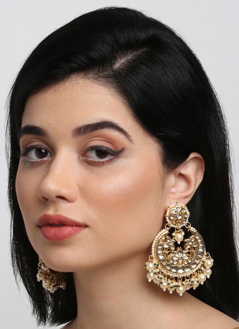 Gold Plated Kundan Cream Pearl And White Stones Chaand Bali Party Wear