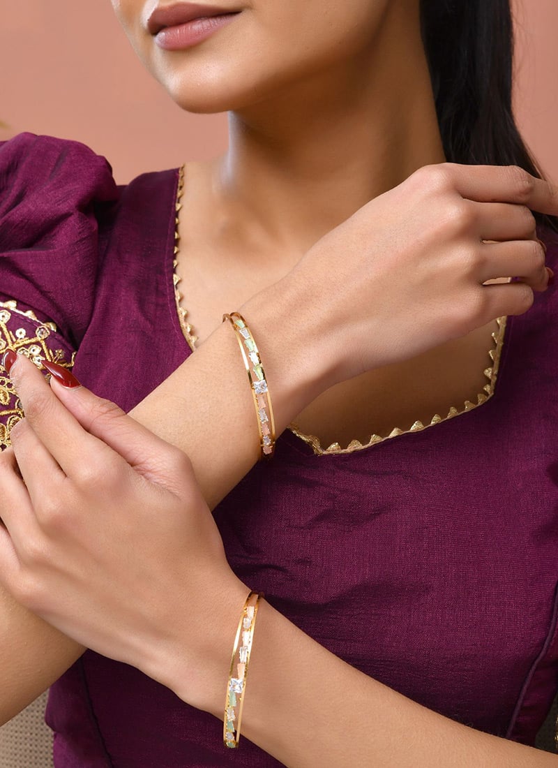 Gold Plated Kundan Crystal Studded Bangles Set For Women Festive Wear