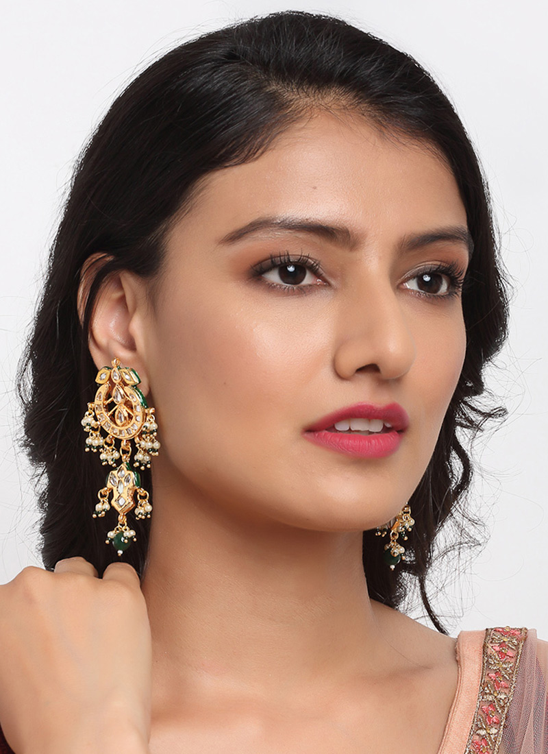 Gold Plated Kundan Danglers Elegant White Stones And Green Pearls Party Wear