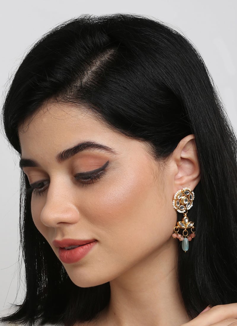 Gold Plated Kundan Drop Earrings With White Stone And Pearl Accents Party Wear