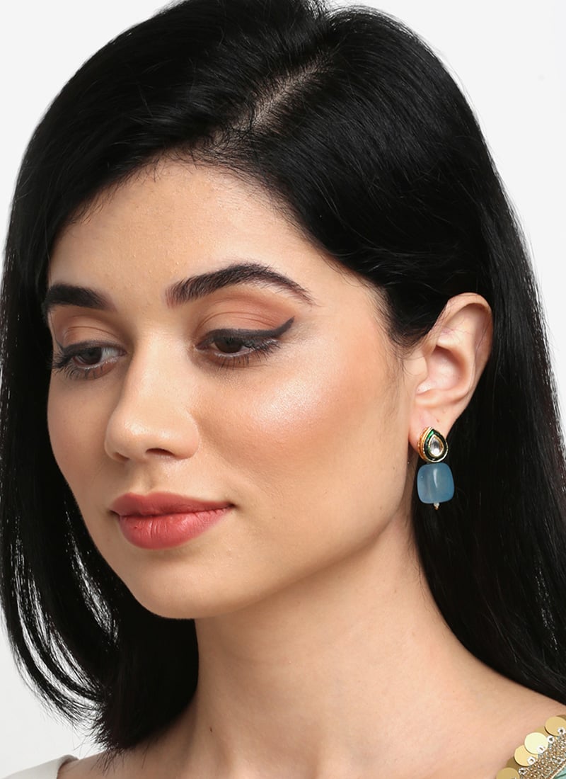 Gold Plated Kundan Drops Earrings With White Stones And Blue Pearl