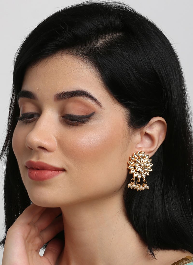 Gold Plated Kundan Earrings With Lustrous White Stones And Beads