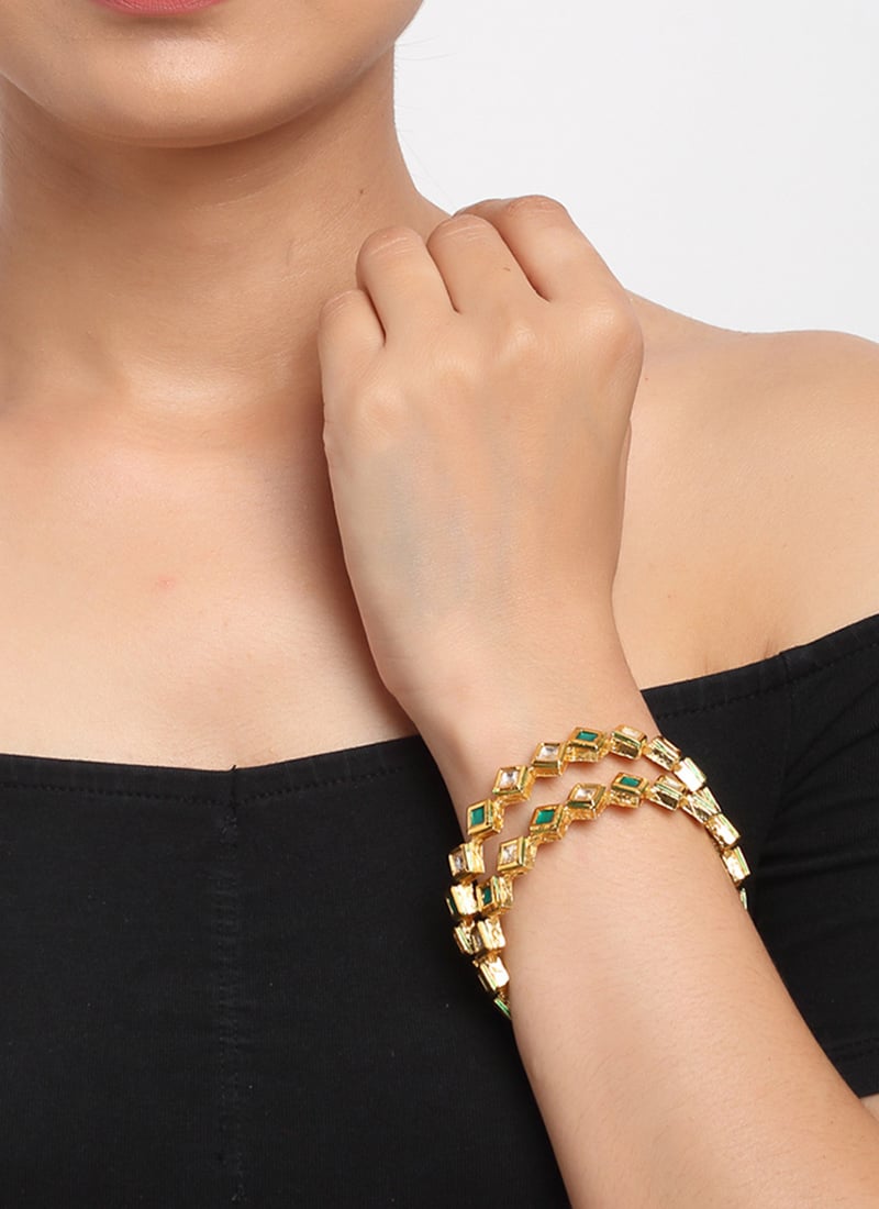 Gold Plated Kundan Elegant Bangles With Green Kundan