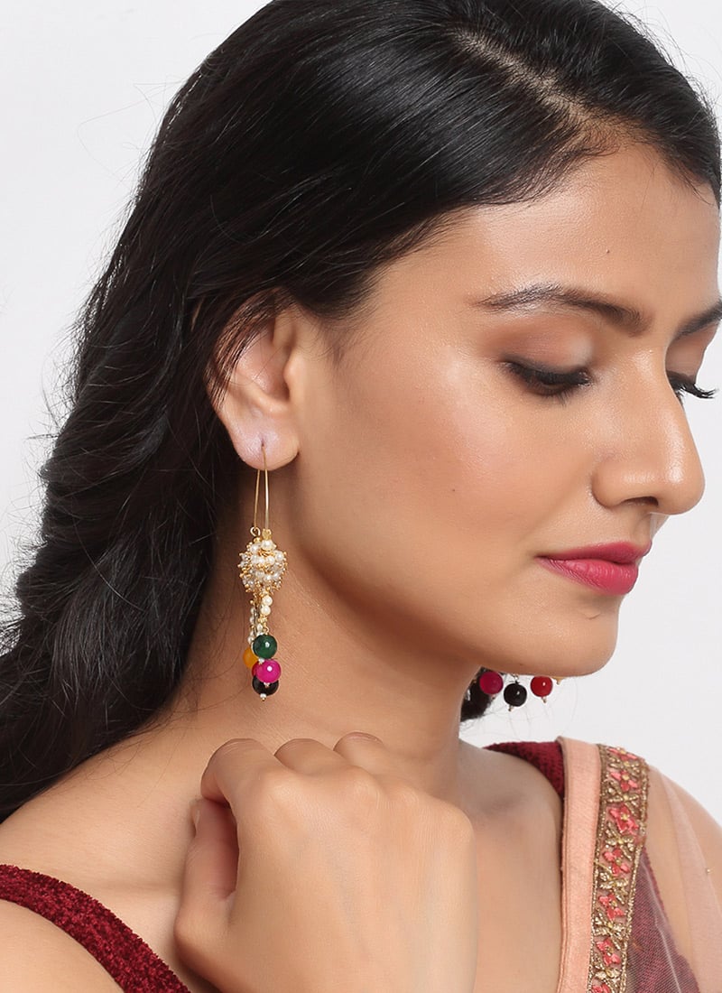 Gold Plated Kundan Hoops Earrings With Multicolor Pearls And White Beads Party Wear