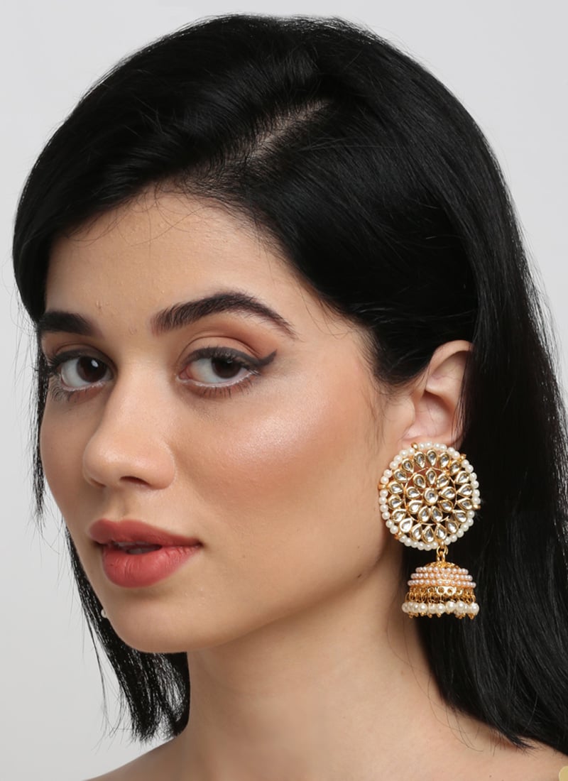 Gold Plated Kundan Jhumka With White Stones And White Beads Party Wear