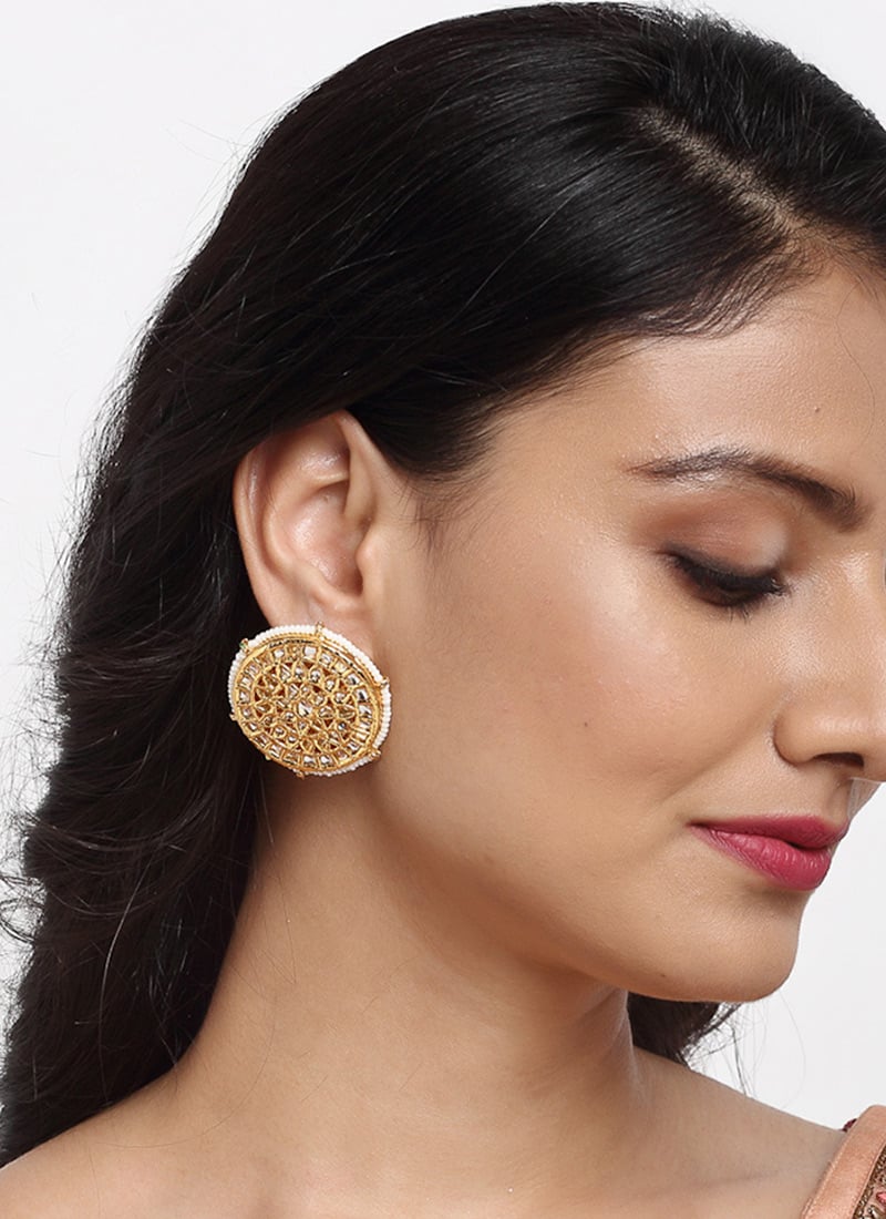 Gold Plated Kundan Studs Adorned With White Stones And White Beads Party Wear
