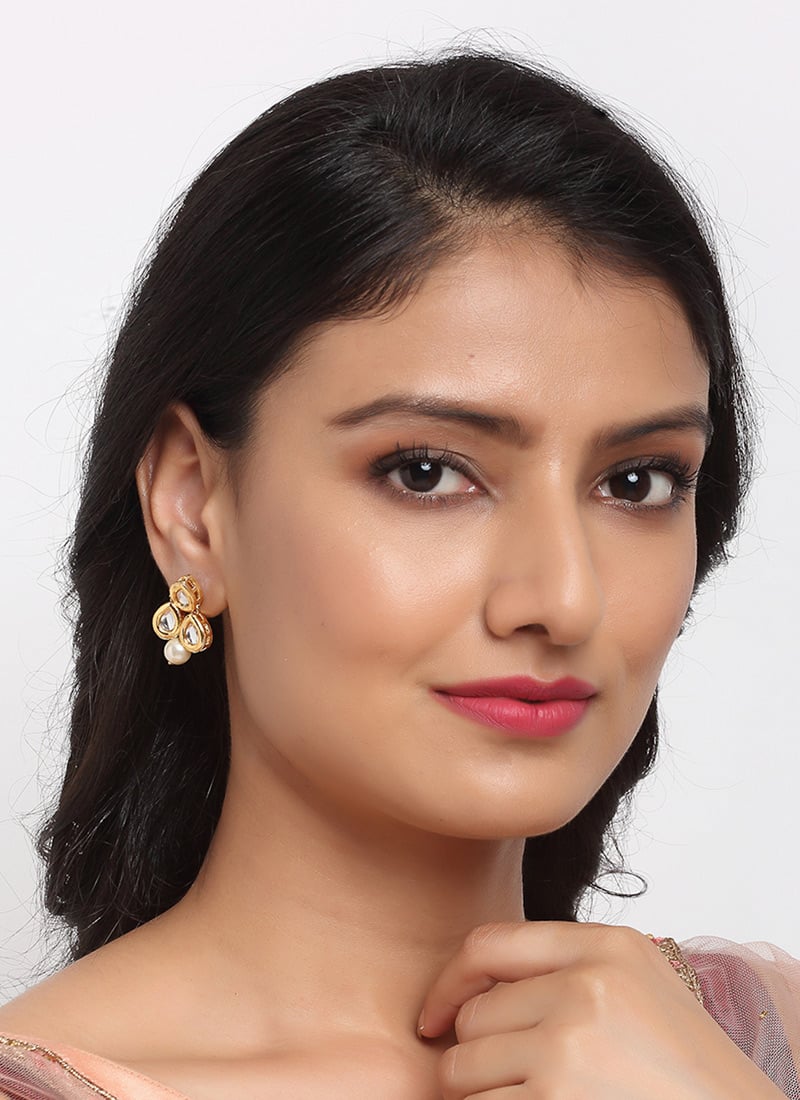 Gold Plated Kundan Studs With Sparkling White Stones And Cream Pearl Party Wear