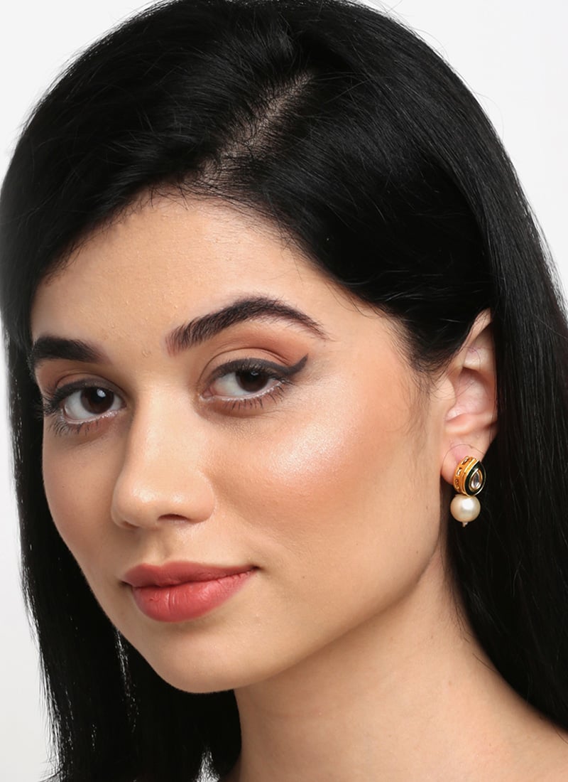 Gold Plated Kundan Studs With White Stone And Cream Pearl Drops