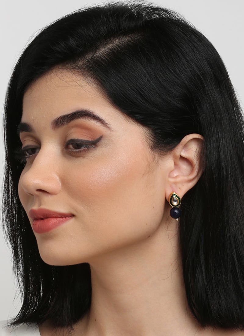 Gold Plated Kundan Studs With White Stones And Blue Pearl