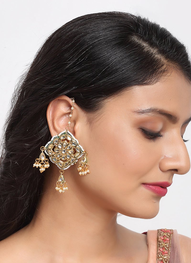 Gold Plated Kundan Studs With White Stones And White Beads Party Wear