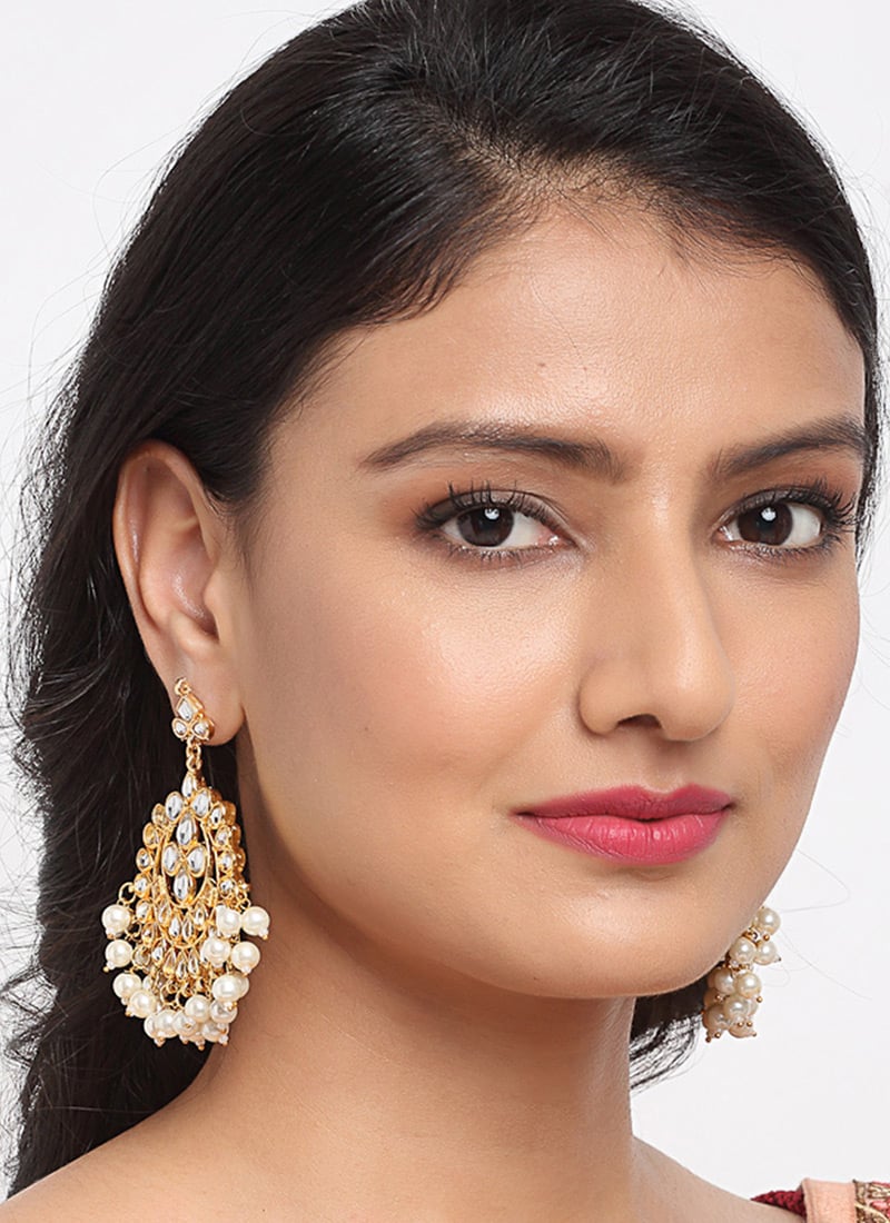Gold Plated Kundan White Pearl And Stones Chaand Bali Party Wear