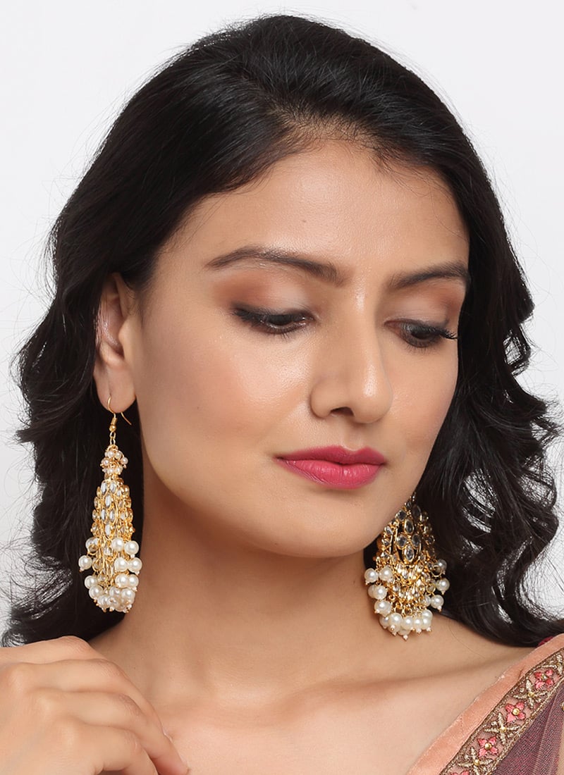 Gold Plated Kundan White Stone And Pearl Chaand Bali An Ethnic Delight Party Wear