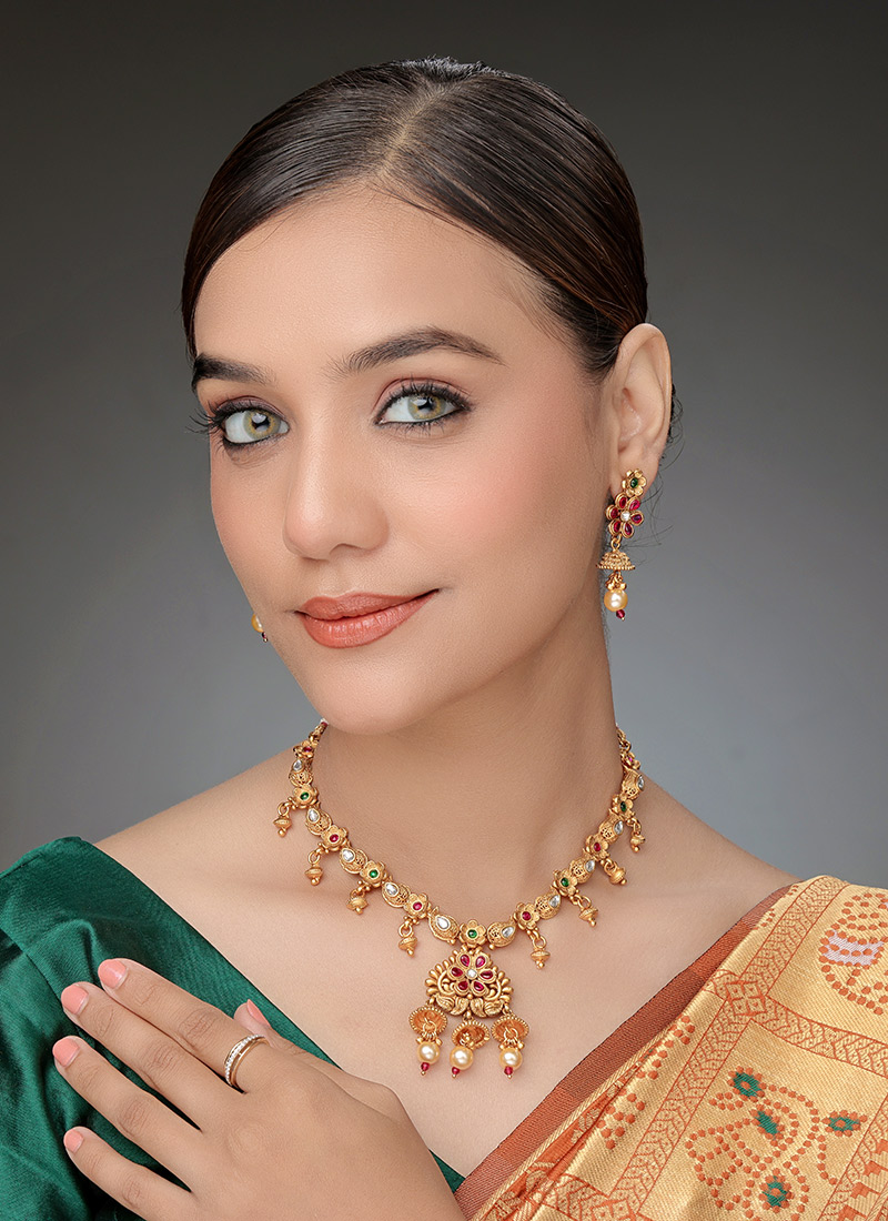 Gold Plated Kundan With Moti Work Necklace Festive Wear