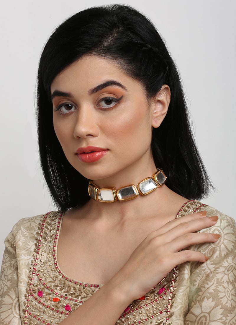 Gold Plated Kundan Work White Stone Stylish Choker For Women
