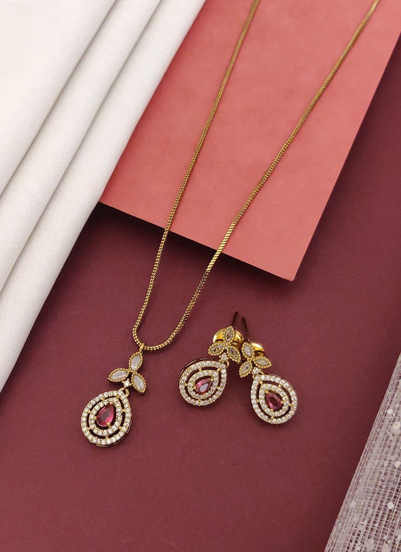Gold Plated Ruby Red Teardrop Kundan Stone Crystal Pendant Necklace Set After Six Wear