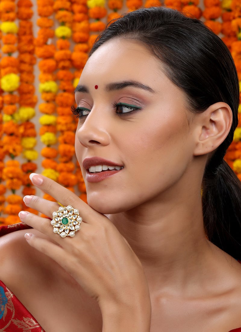 Gold Plated With Kundan And Pearl Work Ring After Six Wear