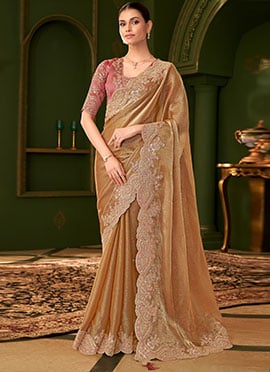 Gold Satin Chiffon Silk Zari Embroidered Sequins Saree