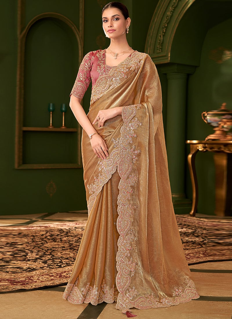 Gold Satin Chiffon Silk Zari Embroidered Sequins Saree Wedding Wear