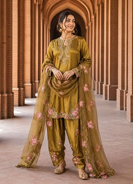Gold Satin Embroidered Salwar Suit