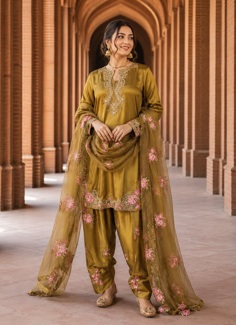 Gold Satin Embroidered Salwar Suit After Six Wear