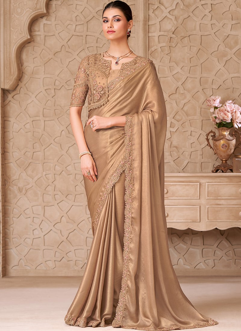 Gold Shimmer Satin Embroidered Sequins Saree Wedding Wear