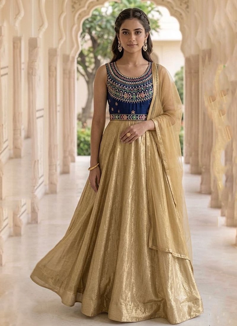 Gold Silk A Line Shimmer Anarkali Suit After Six Wear