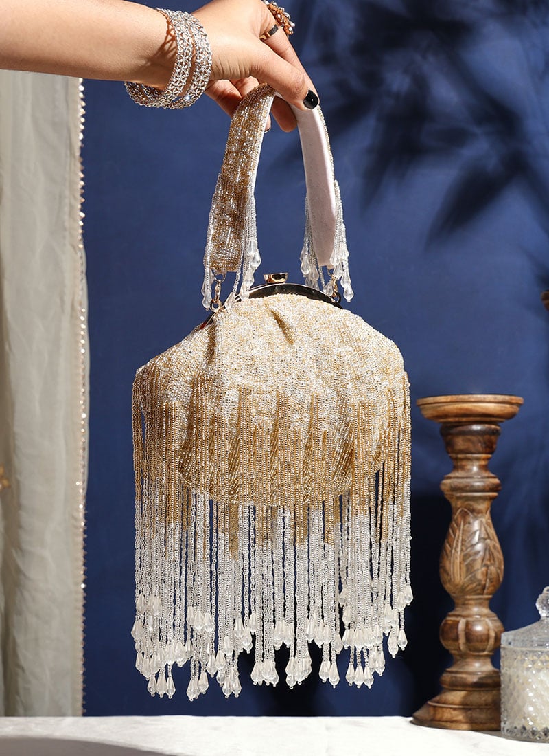Gold Silk Crystals Clutch Party Wear