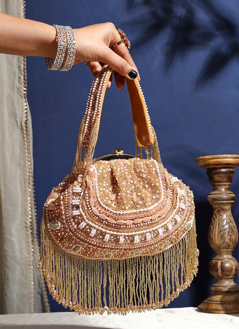 Gold Silk Crystals Clutch Party Wear