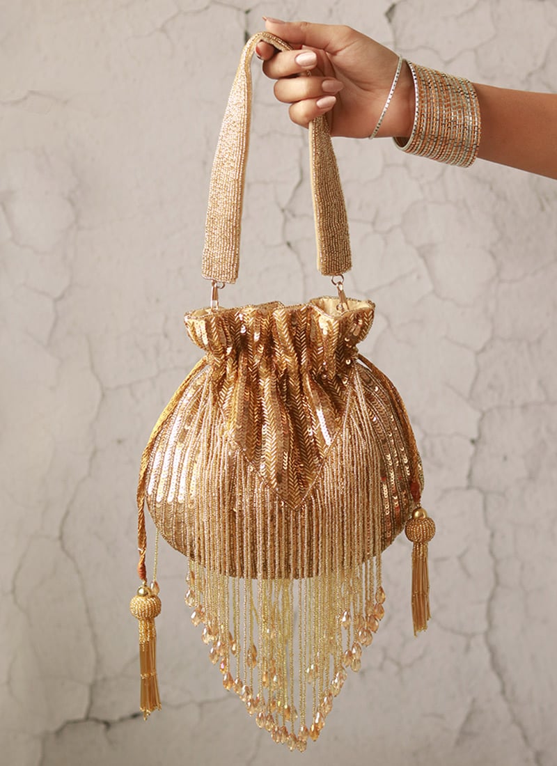 Gold Silk Cut Dana Potli Embossed With Beads And Sequins