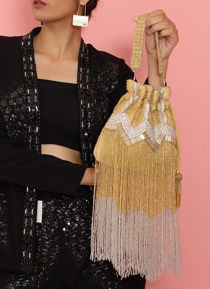 Gold Silk Cut Dana Potli Embossed With Beads And Stones Party Wear