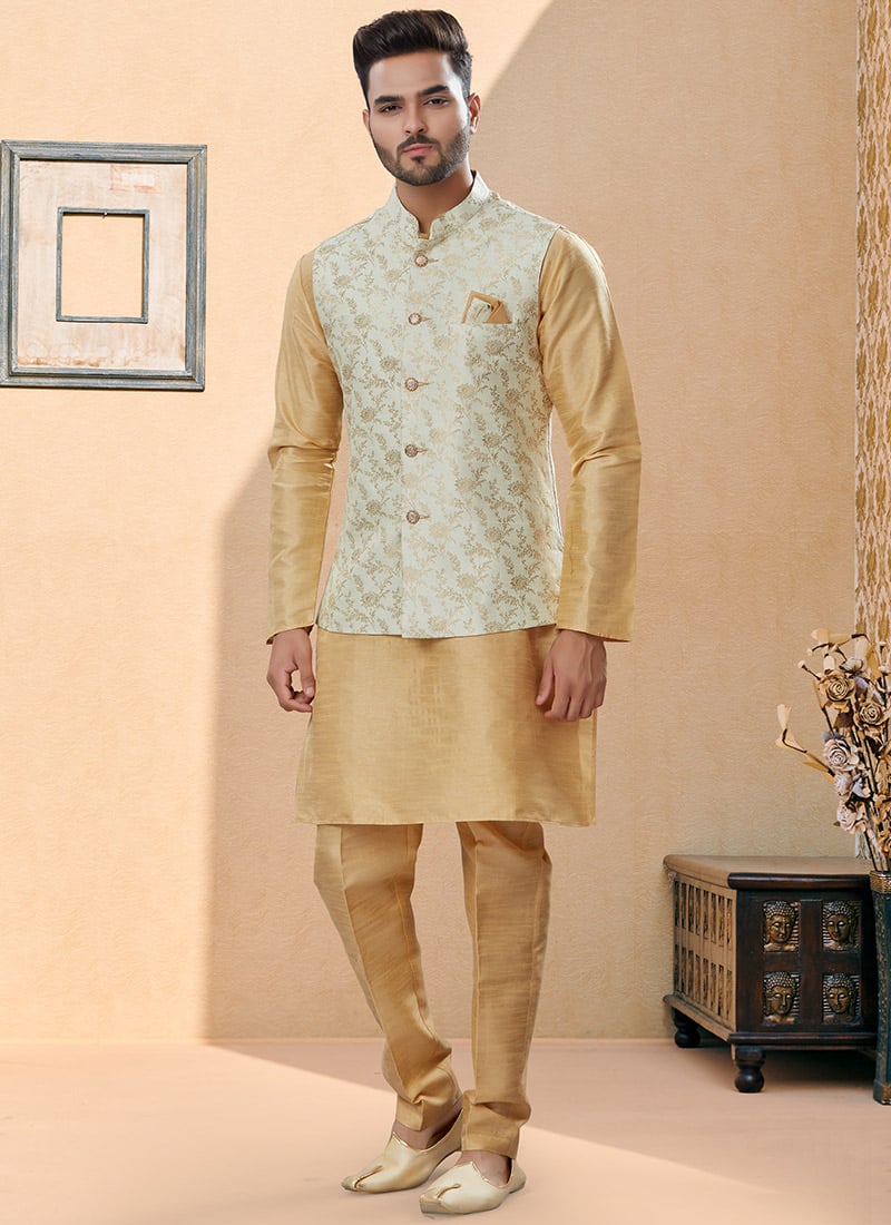 Gold Silk Dupion Jacquard Bandi Set