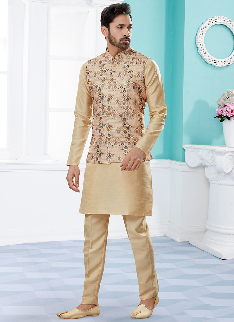 Gold Silk Dupion Printed Bandi Set Party Wear